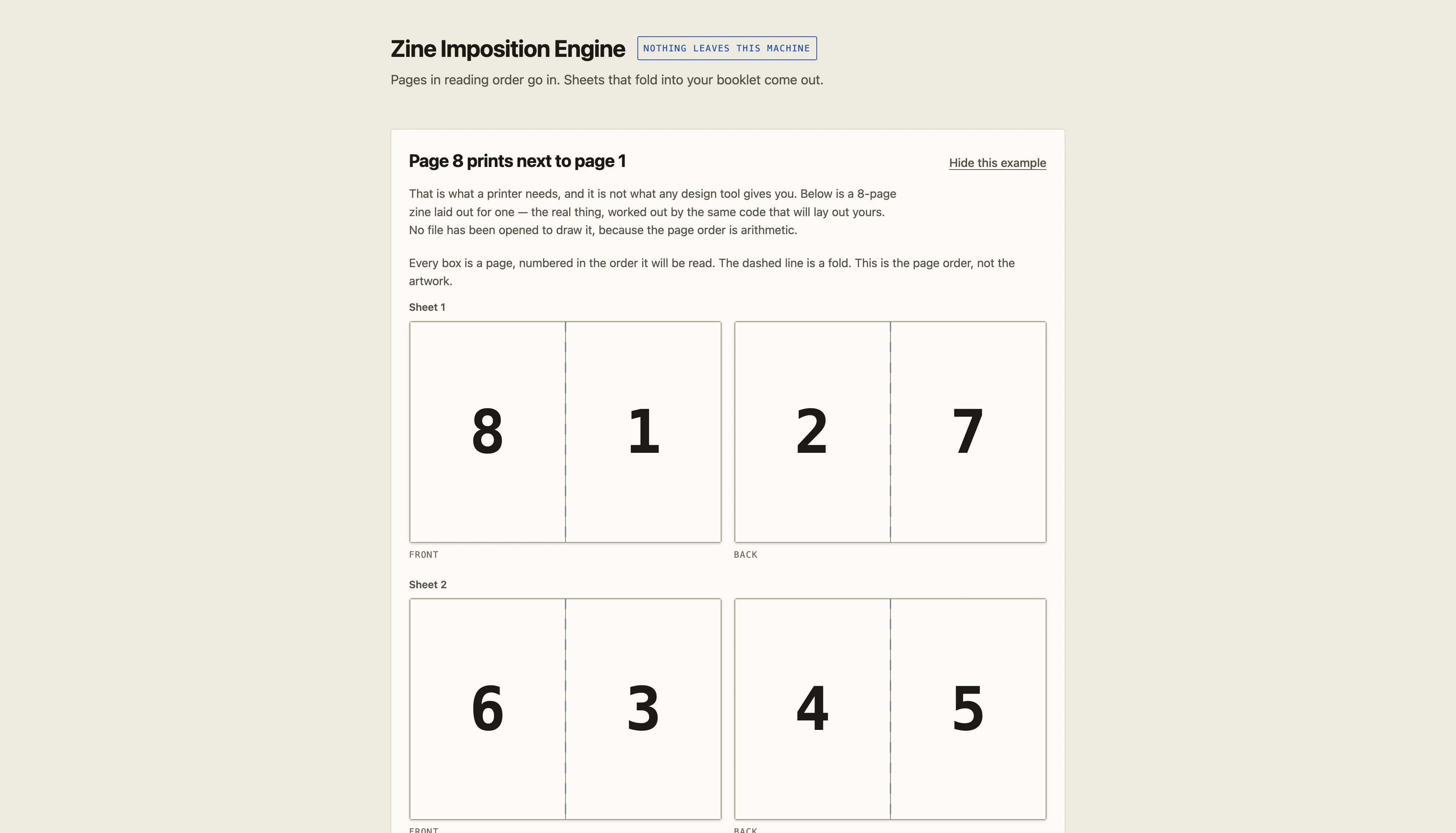 Zine Imposition Engine preview arranging eight pages into printable booklet sheets